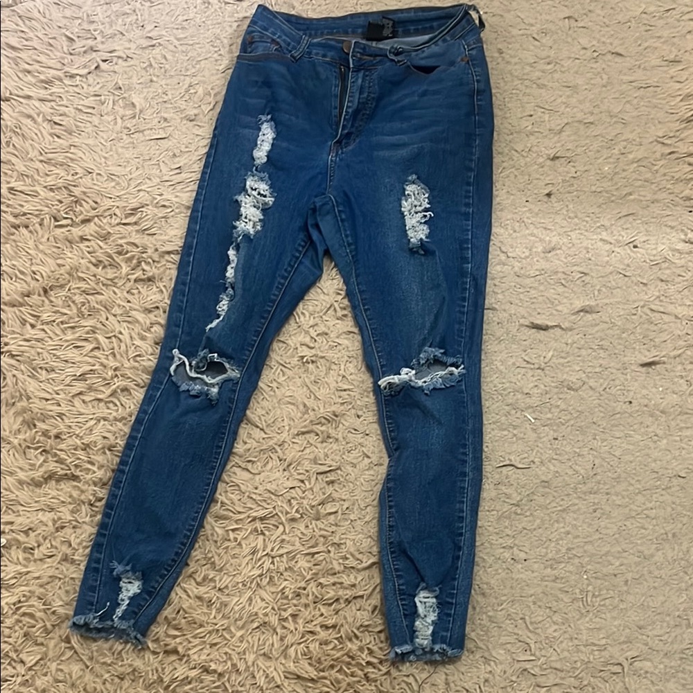 Blue Skinny Jeans with Distressed Details